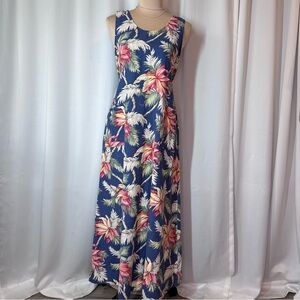 Vtg 90s Cambridge Dry Goods Tropical Palm Maxi Dress Sz Small Linen Blend **READ